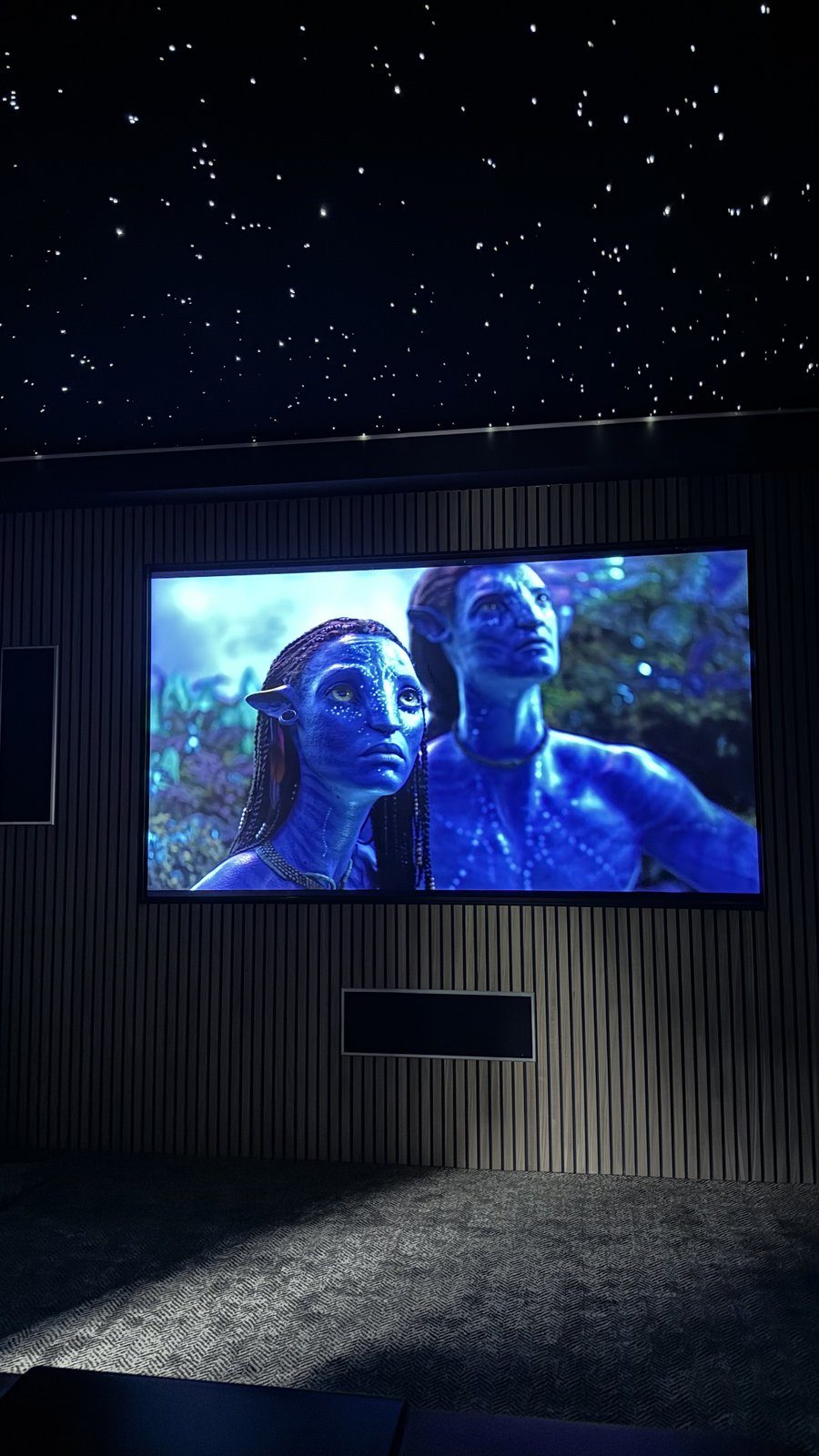 Home cinema with fibre-optic star ceiling, slatted feature wall and screen